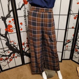 Honestee Ladies Culottes/Palazzo Navy Blue Bronze Wide Leg Plaid Pants /Size L
